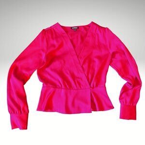 Express Hot Pink Wrap Blouse Size Small Long Sleeve Button Cuff Top